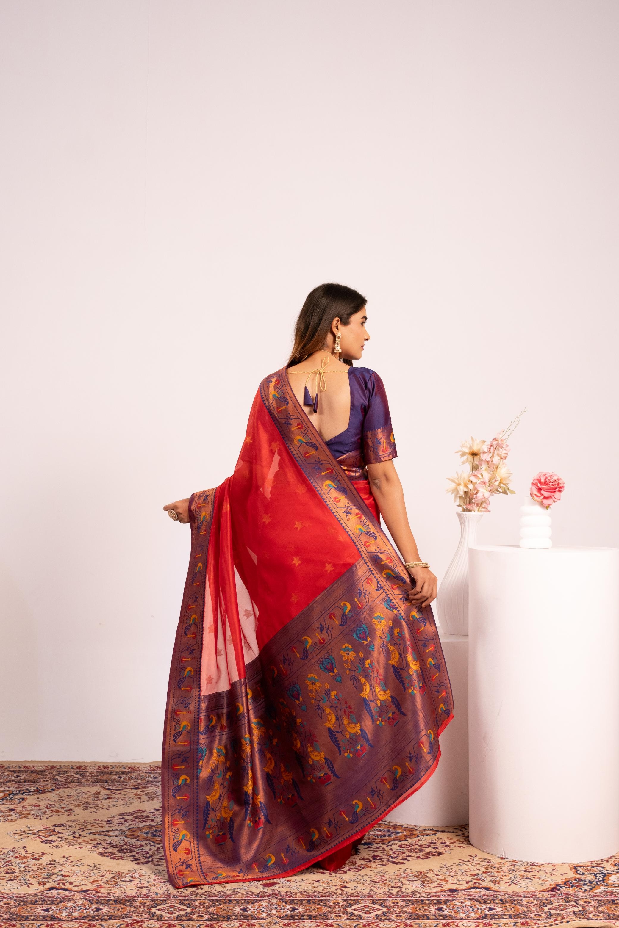 Crimson Red Paithani Tissue Silk Saree — alternate view