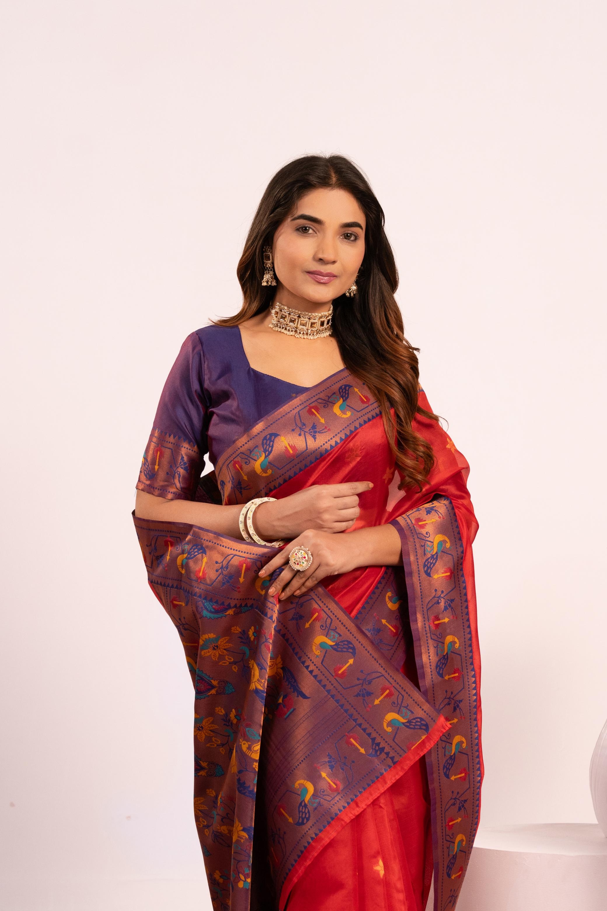 Crimson Red Paithani Tissue Silk Saree