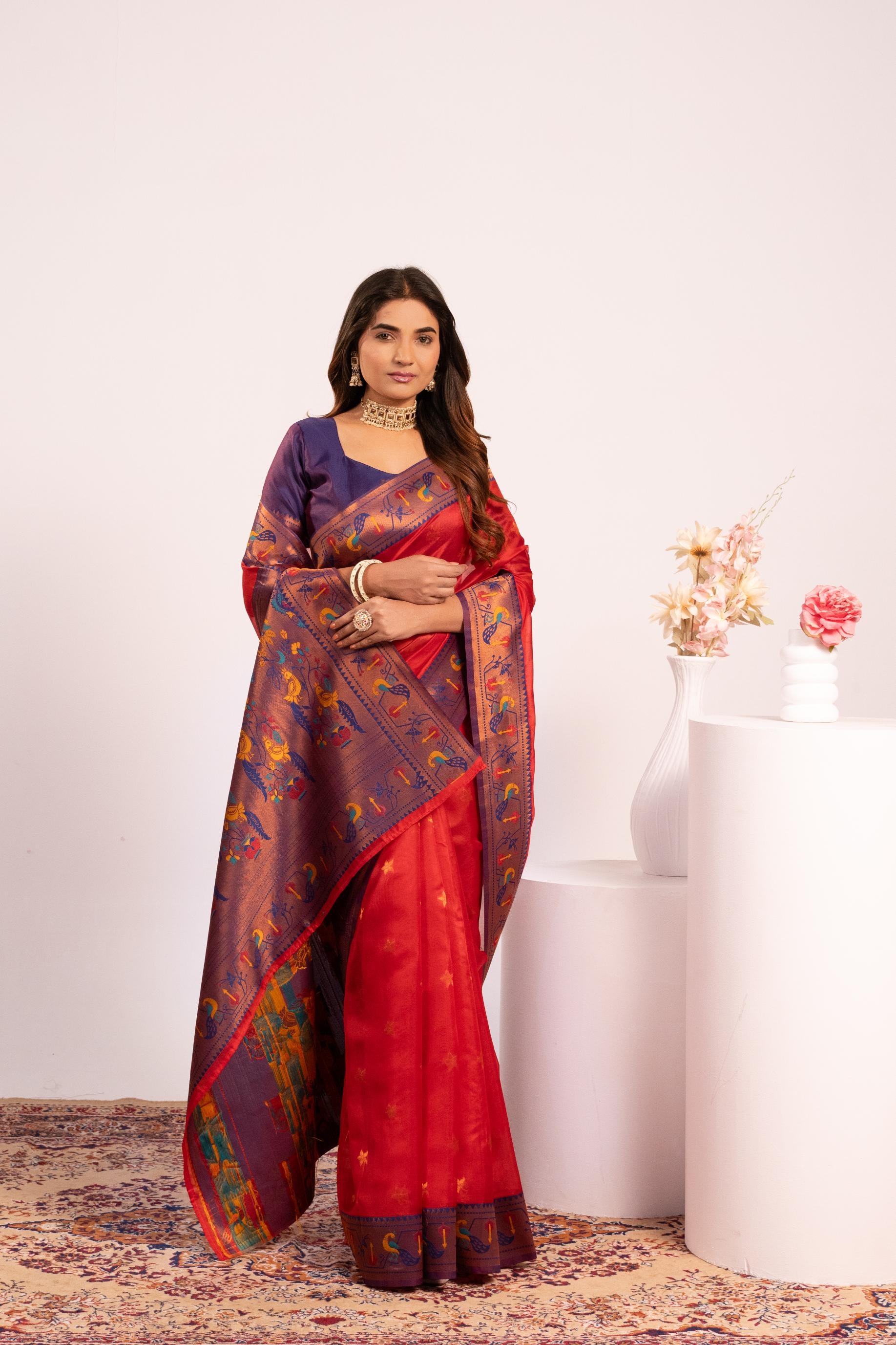 Crimson Red Paithani Tissue Silk Saree