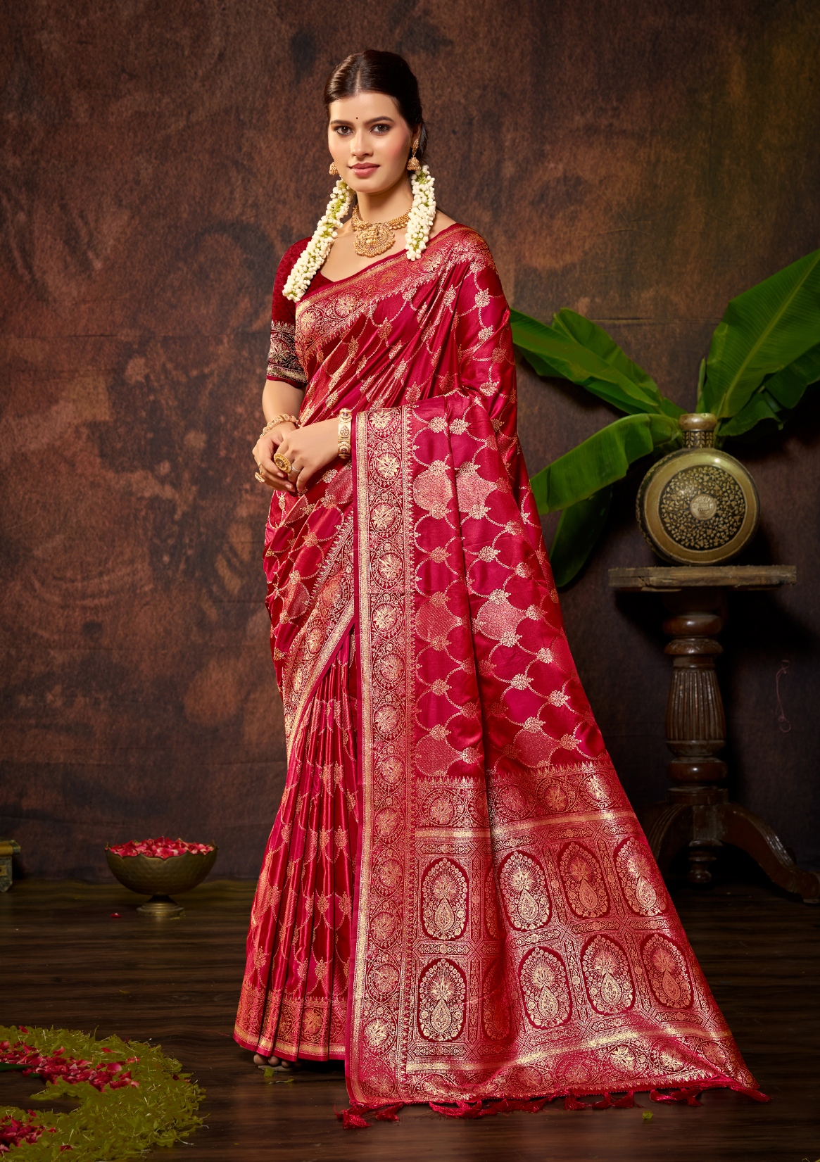 Crimson Woven Designer Satin Silk Saree