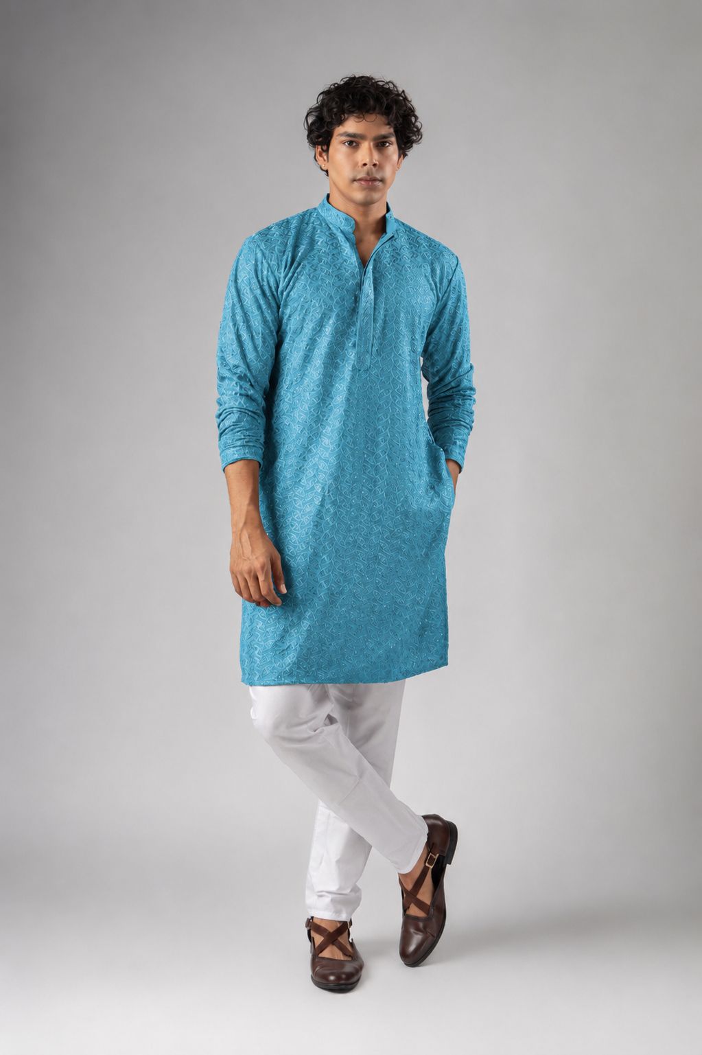 Cyan Blue Geometric Embroidery Rayon Kurta Pyjama
