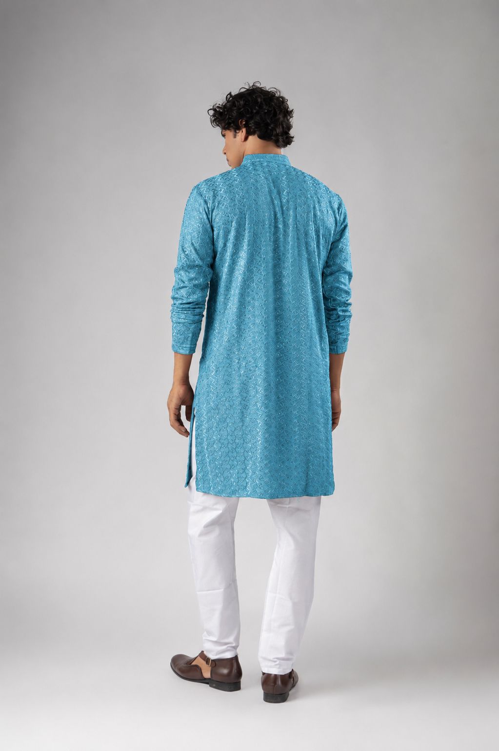 Cyan Blue Geometric Embroidery Rayon Kurta Pyjama — alternate view