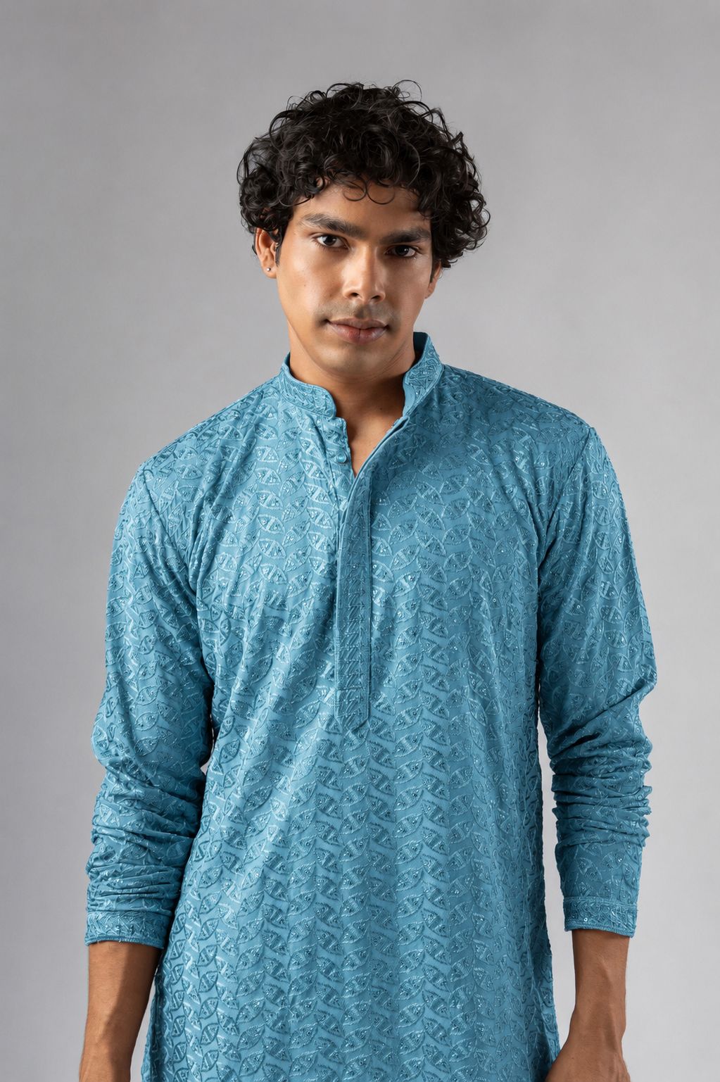 Cyan Blue Geometric Embroidery Rayon Kurta Pyjama