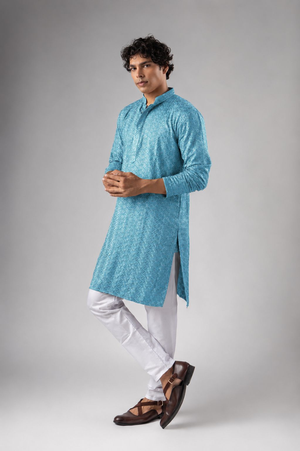 Cyan Blue Geometric Embroidery Rayon Kurta Pyjama