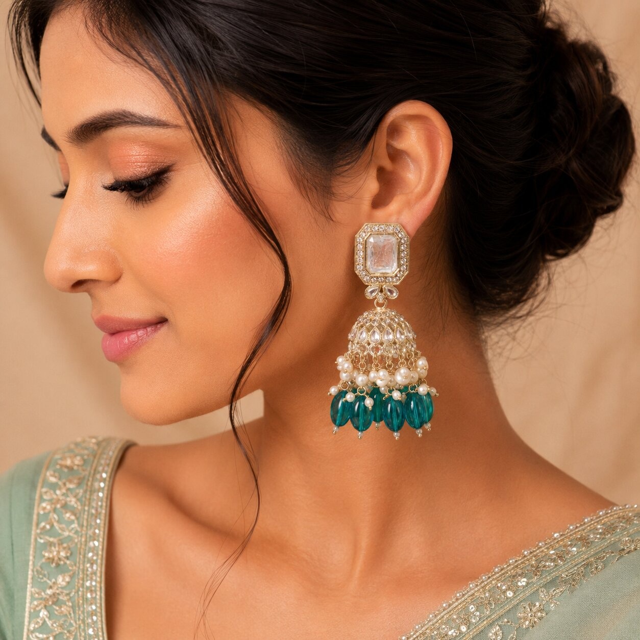 Cyan Green Kundan Pearl Jhumka Earrings