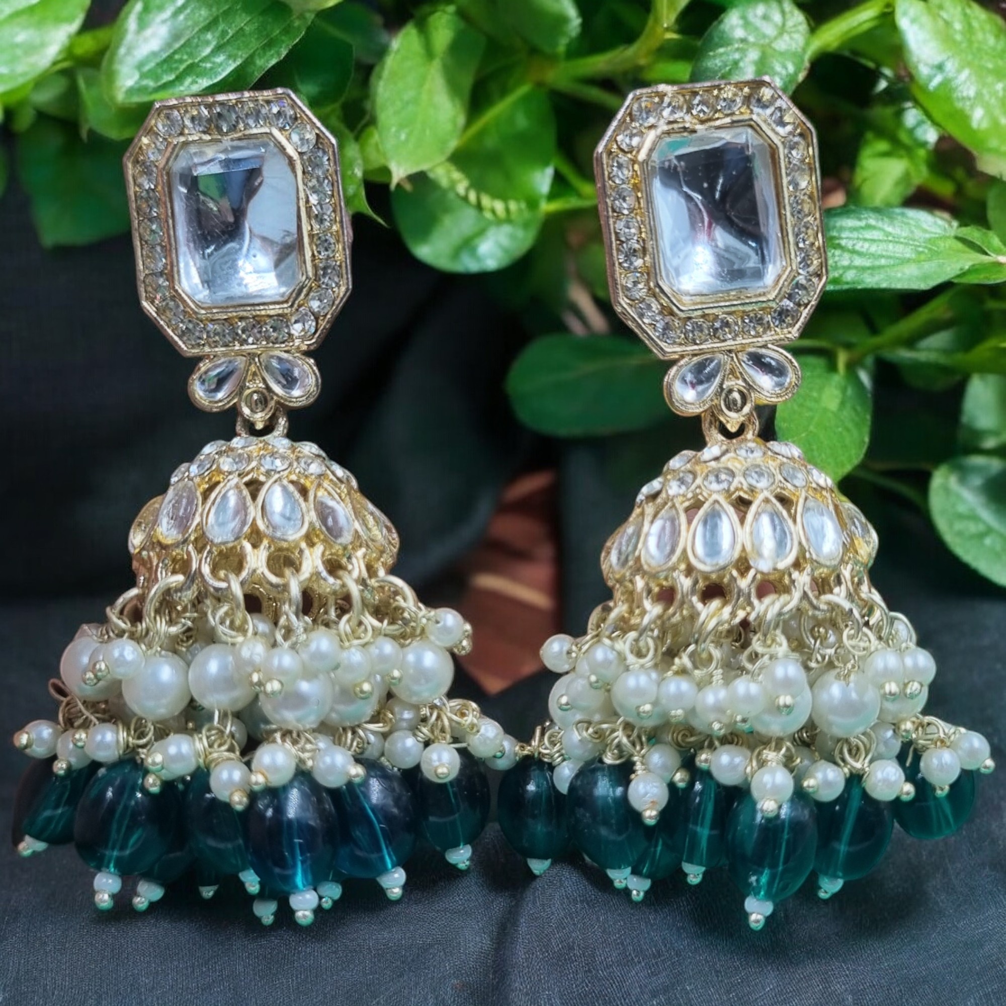 Cyan Green Kundan Pearl Jhumka Earrings — alternate view