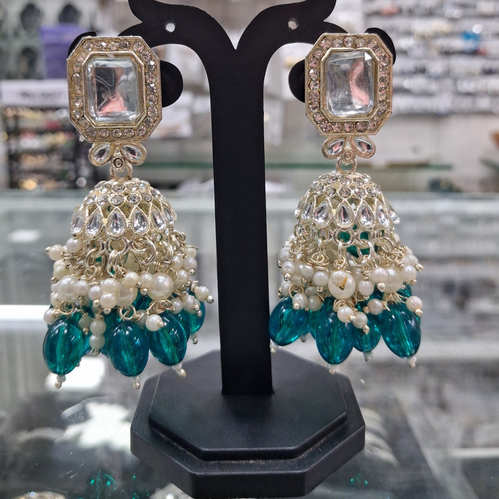 Cyan Green Kundan Pearl Jhumka Earrings