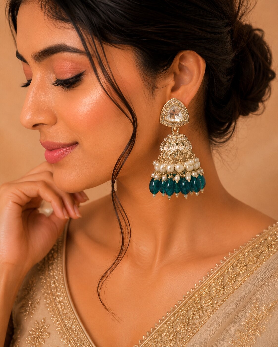 Cyan Green Triangle Kundan Pearl Jhumka Earrings