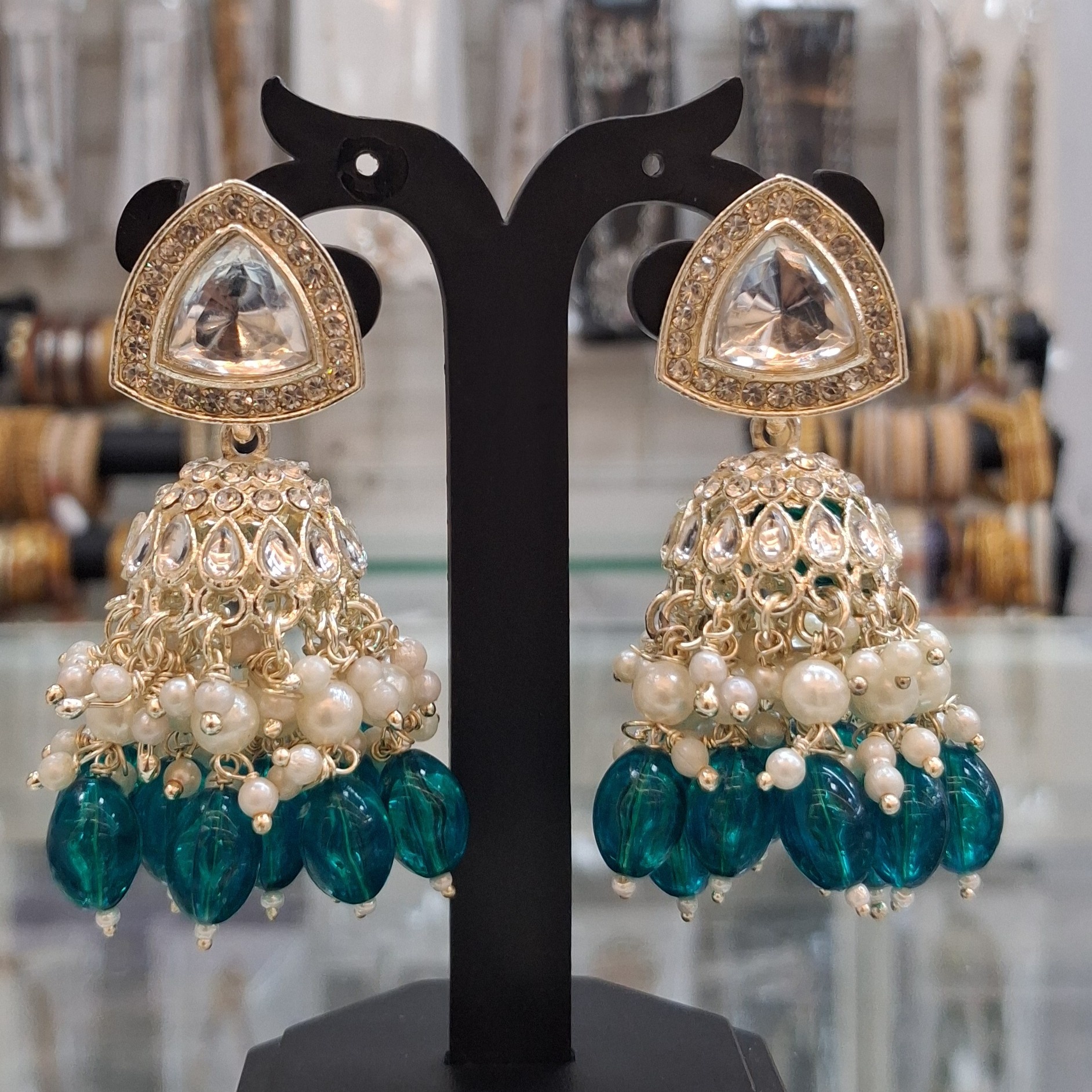Cyan Green Triangle Kundan Pearl Jhumka Earrings