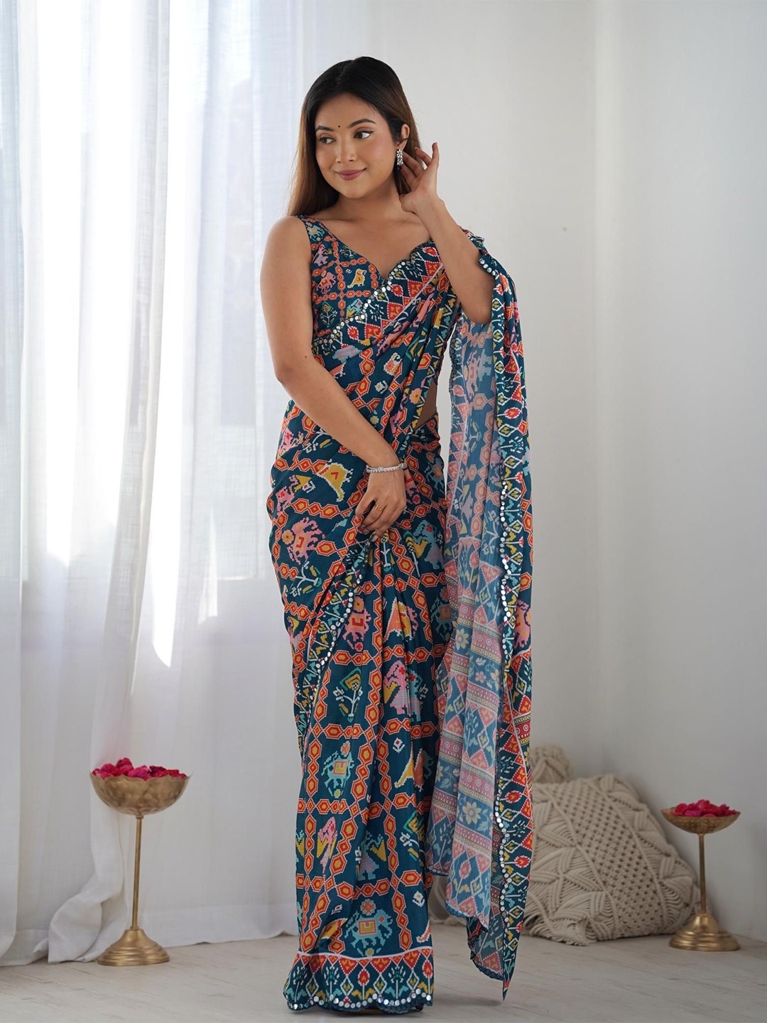 Dark Blue Geometric Digital Print Georgette Saree