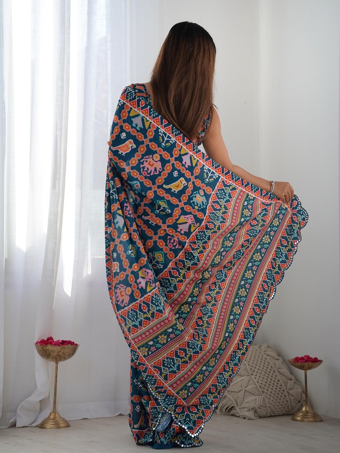 Dark Blue Geometric Digital Print Georgette Saree — alternate view