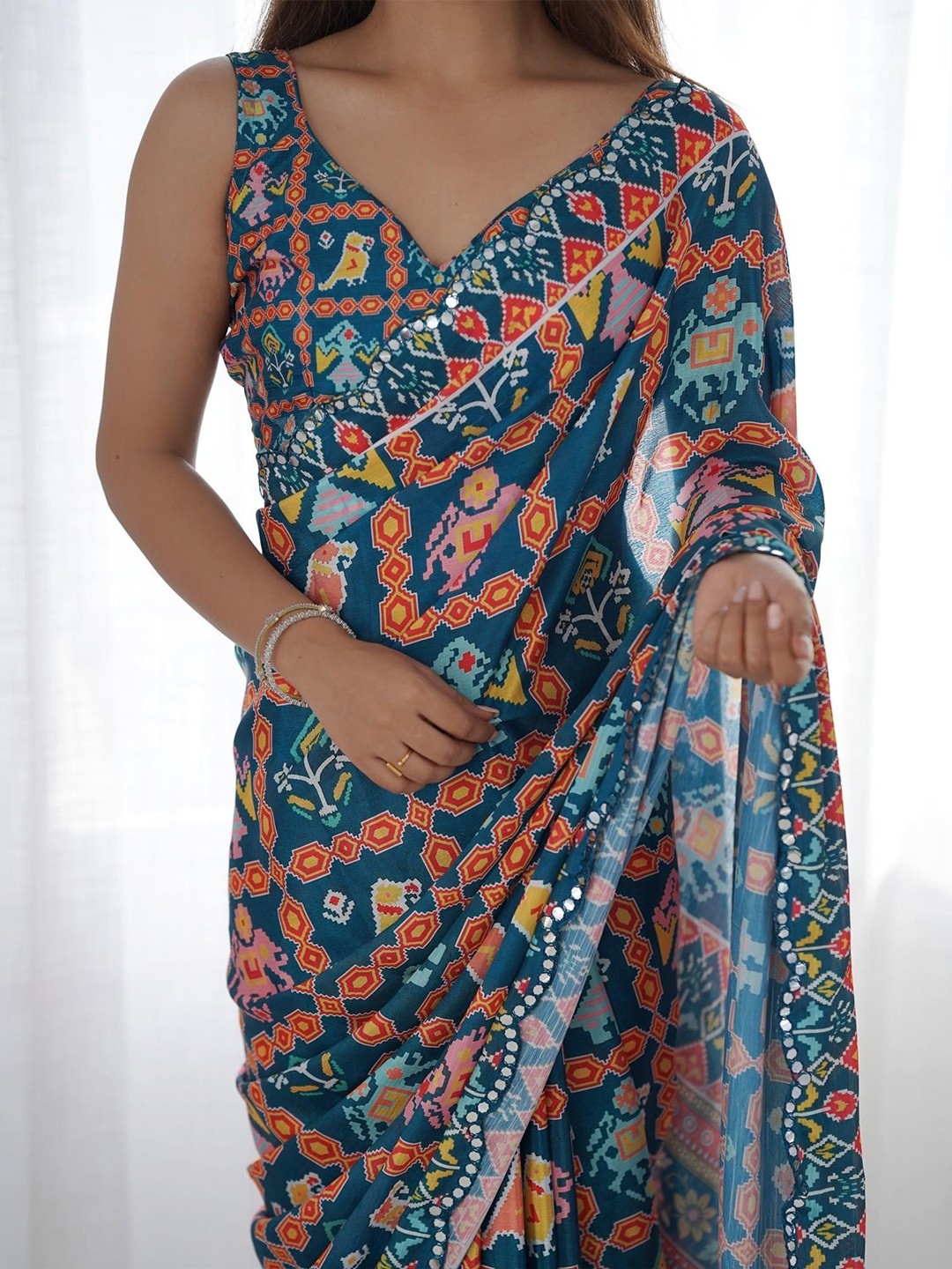Dark Blue Geometric Digital Print Georgette Saree