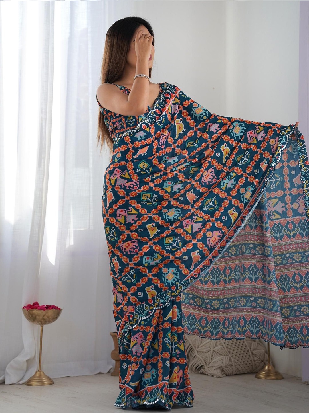 Dark Blue Geometric Digital Print Georgette Saree