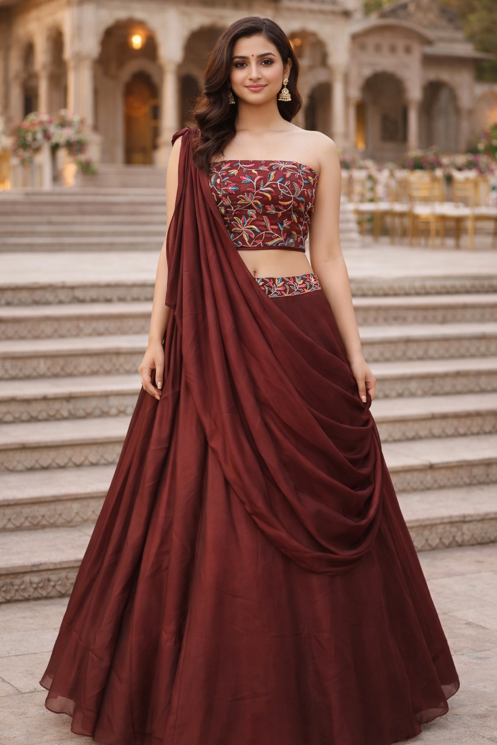 Dark Brown Draped Lehenga Choli