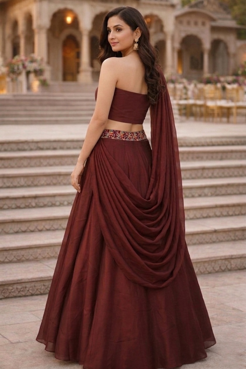 Dark Brown Draped Lehenga Choli — alternate view