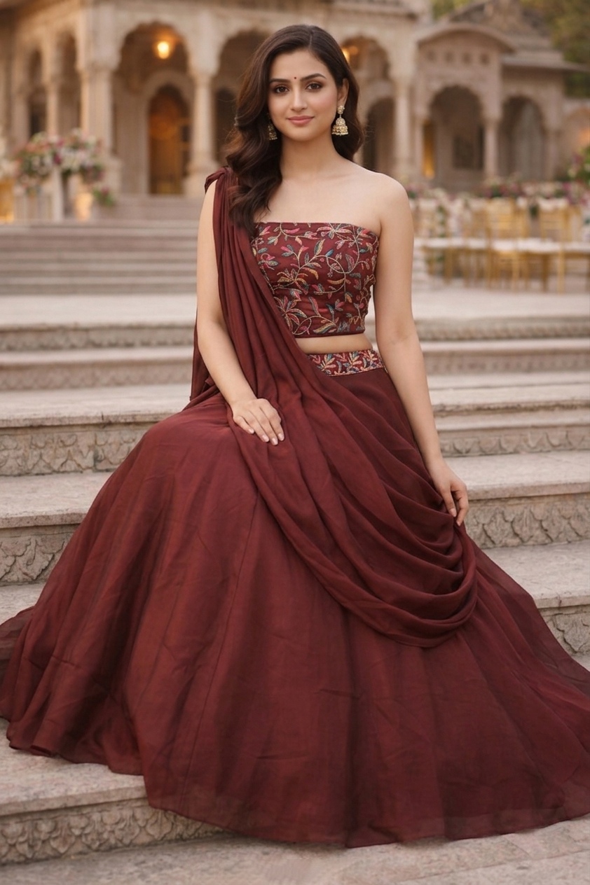 Dark Brown Draped Lehenga Choli