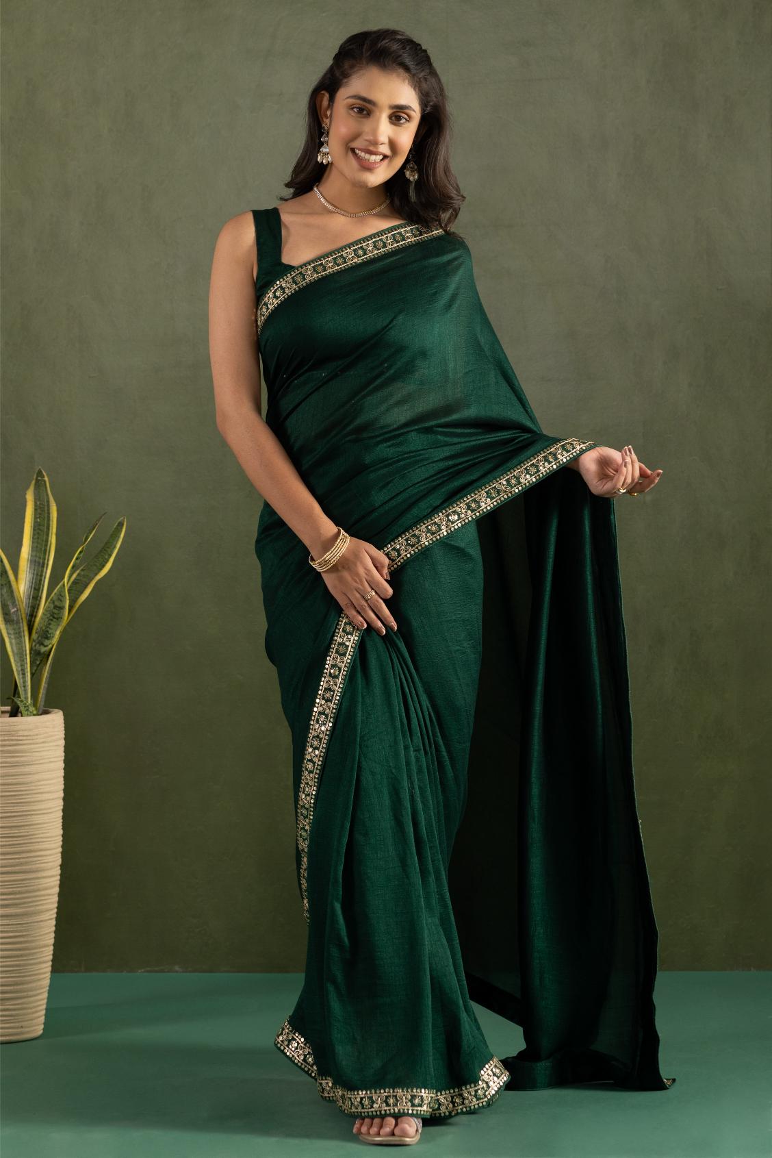 Dark Green Chiffon Ready To Wear Saree