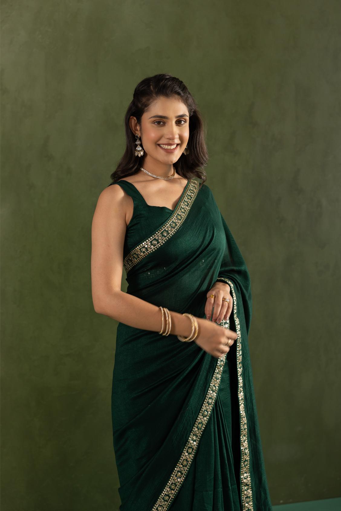 Dark Green Chiffon Ready To Wear Saree — alternate view