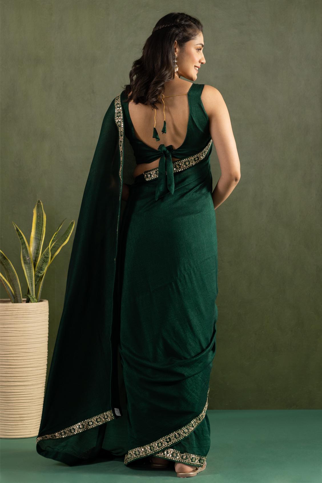 Dark Green Chiffon Ready To Wear Saree