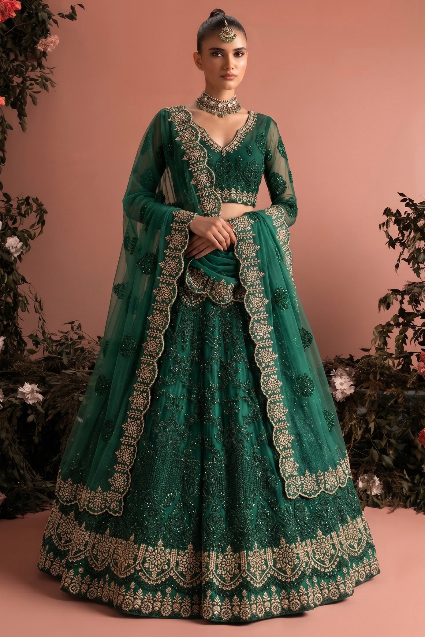 Dark Green Embroidered Butterfly Net Lehenga Choli