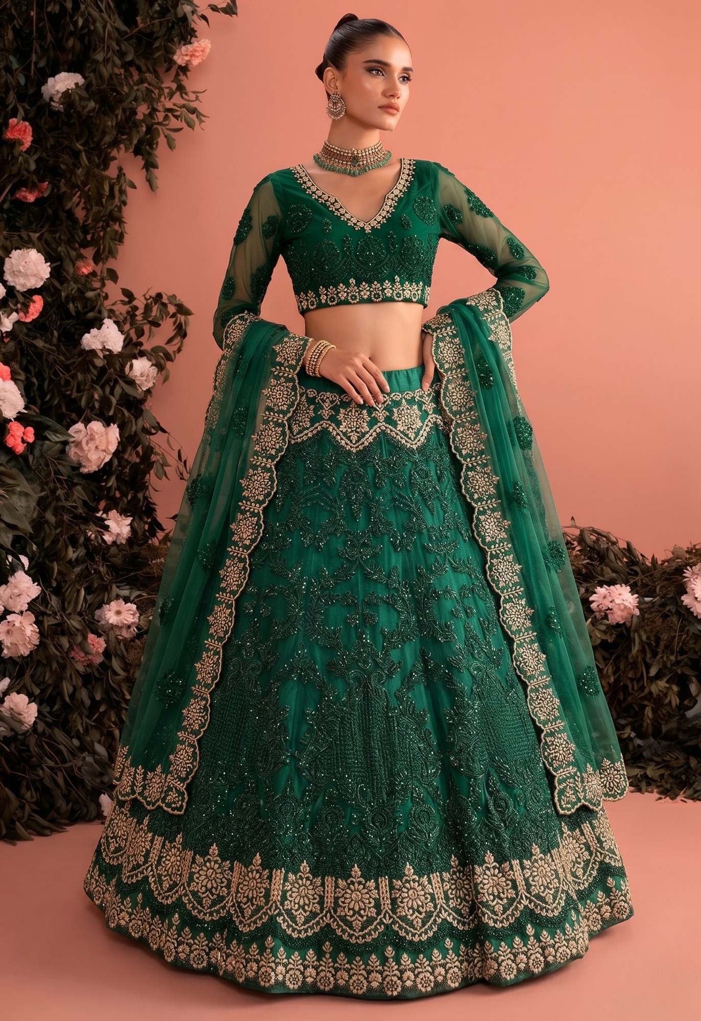 Dark Green Embroidered Butterfly Net Lehenga Choli