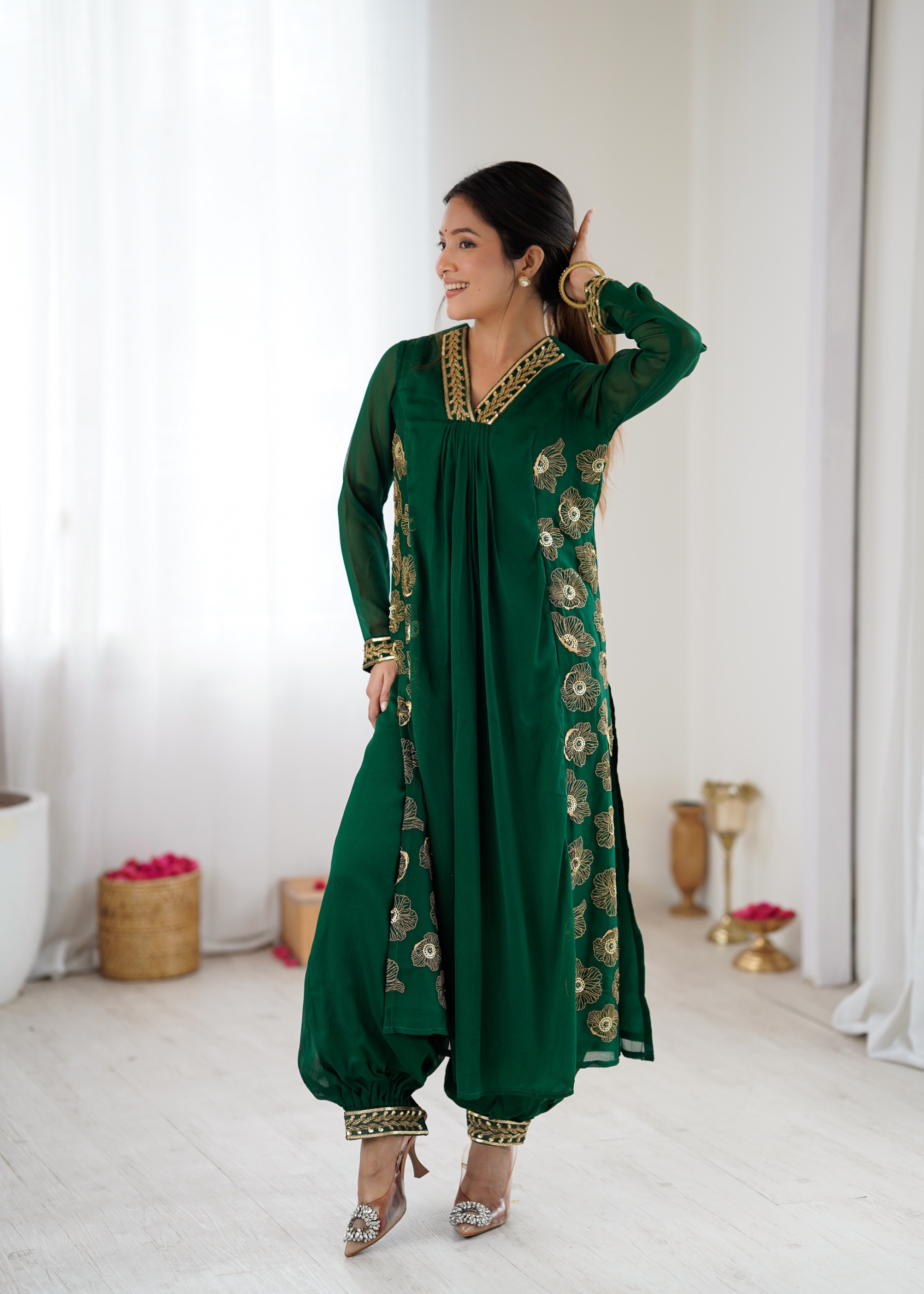 Dark Green Embroidered Dhoti Co-ord-sets