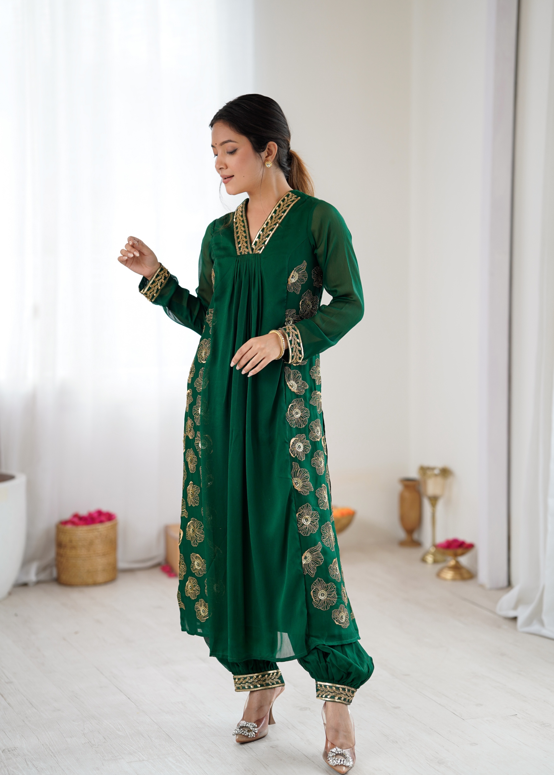 Dark Green Embroidered Dhoti Co-ord-sets