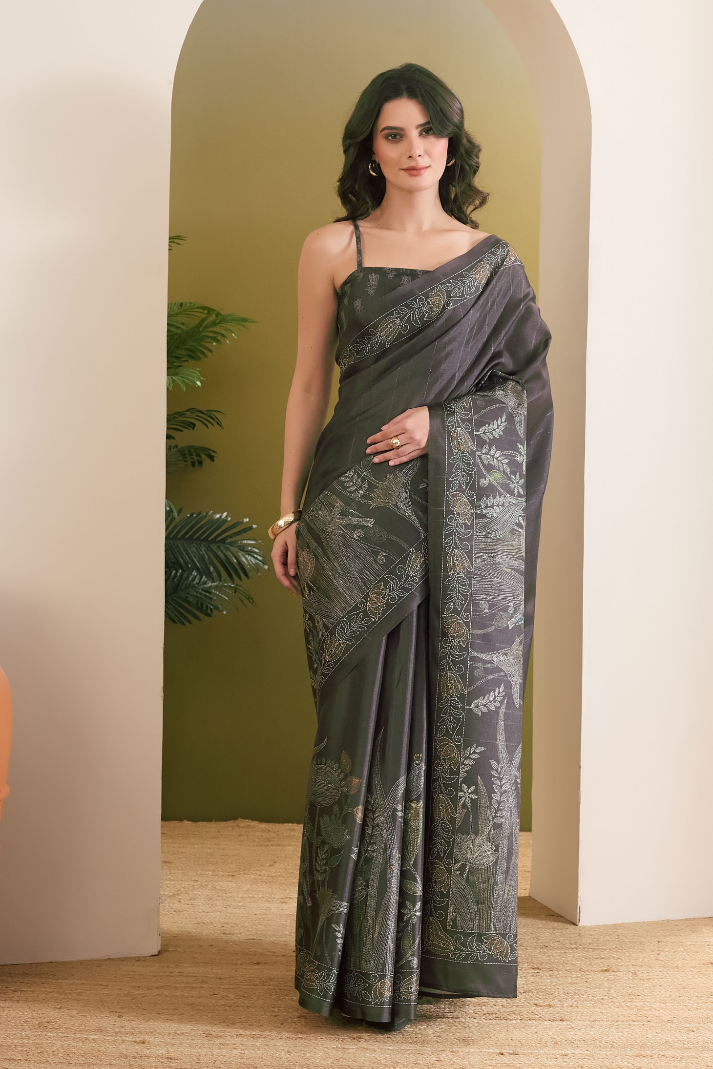Dark Green Floral Designer Printed Art Silk Ready To Wear Saree