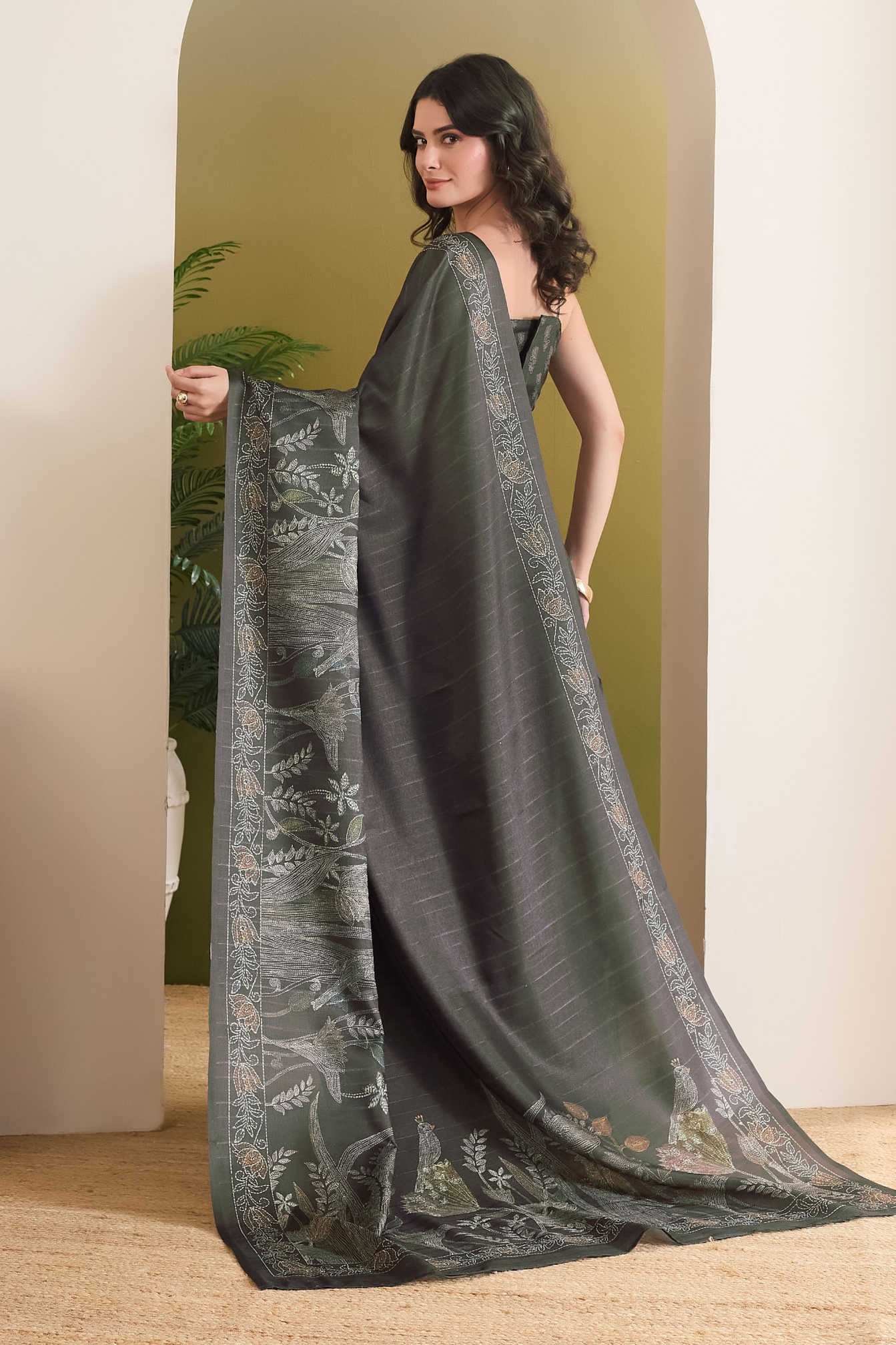 Dark Green Floral Designer Printed Art Silk Ready To Wear Saree — alternate view