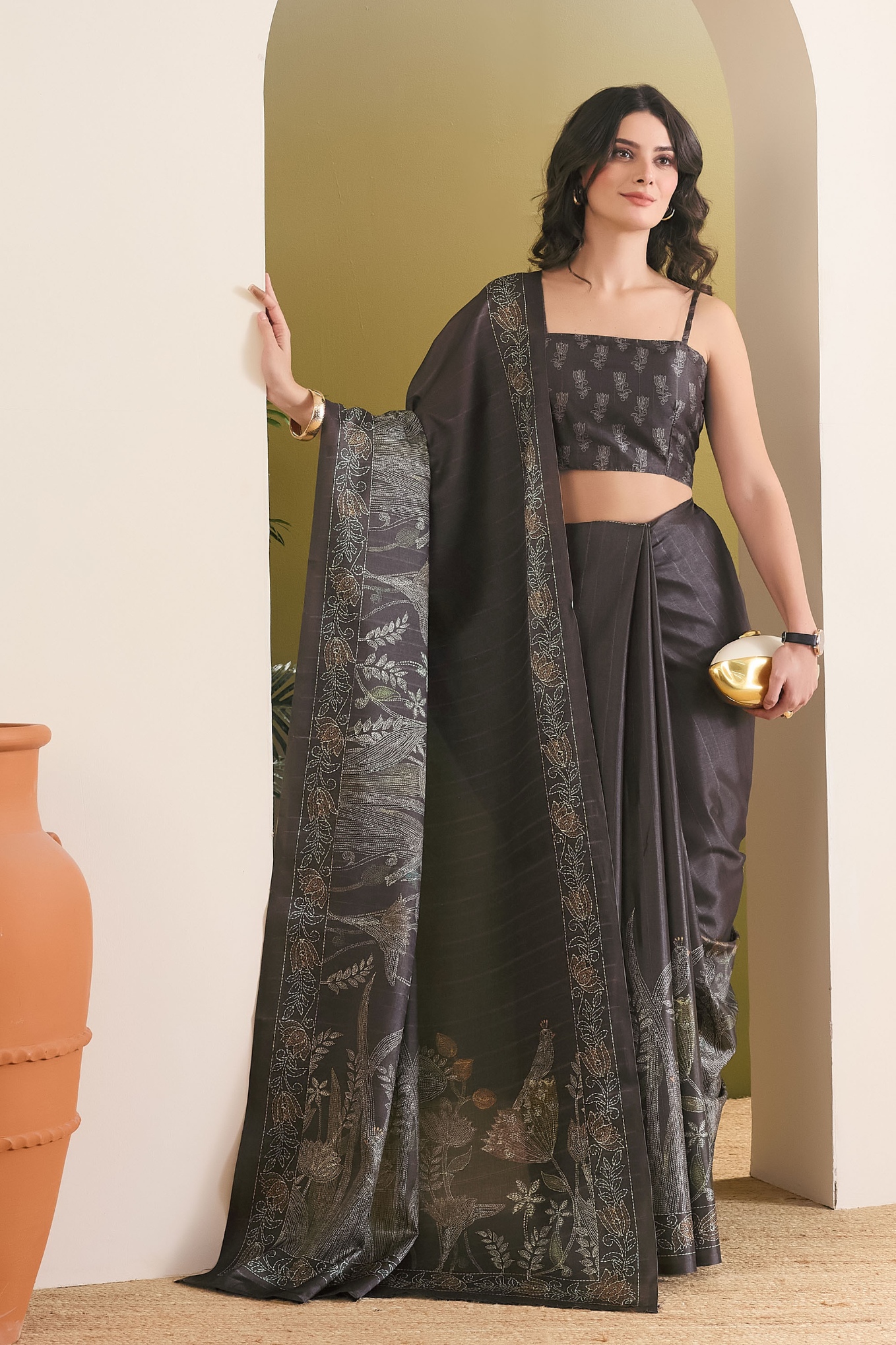 Dark Green Floral Designer Printed Art Silk Ready To Wear Saree