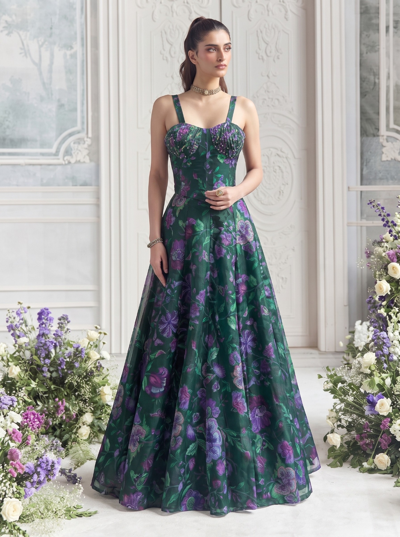 Dark Green Floral Printed Tabby Organza Lehenga Choli