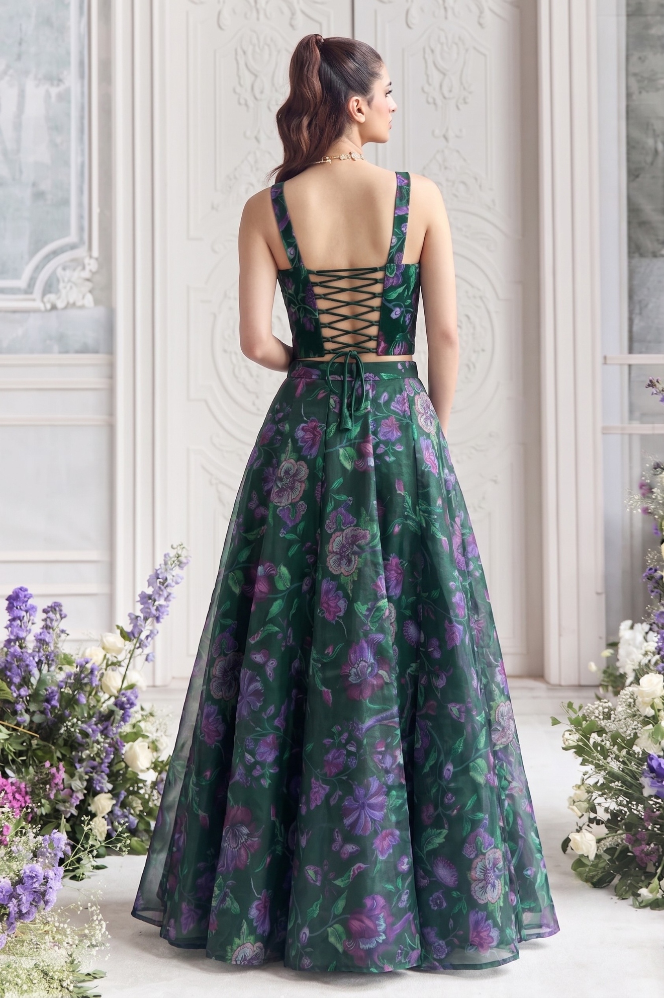 Dark Green Floral Printed Tabby Organza Lehenga Choli