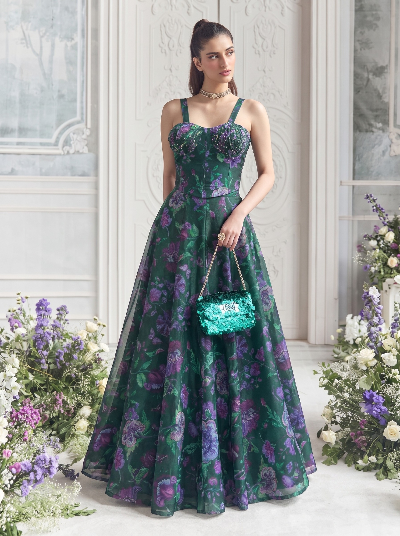 Dark Green Floral Printed Tabby Organza Lehenga Choli