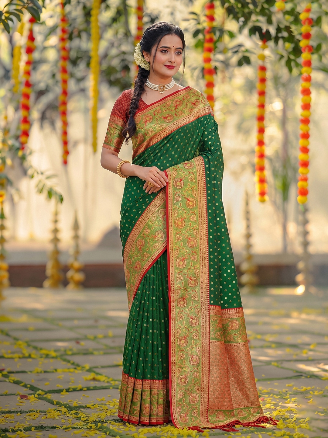 Dark Green Floral Woven Zari Silk Saree