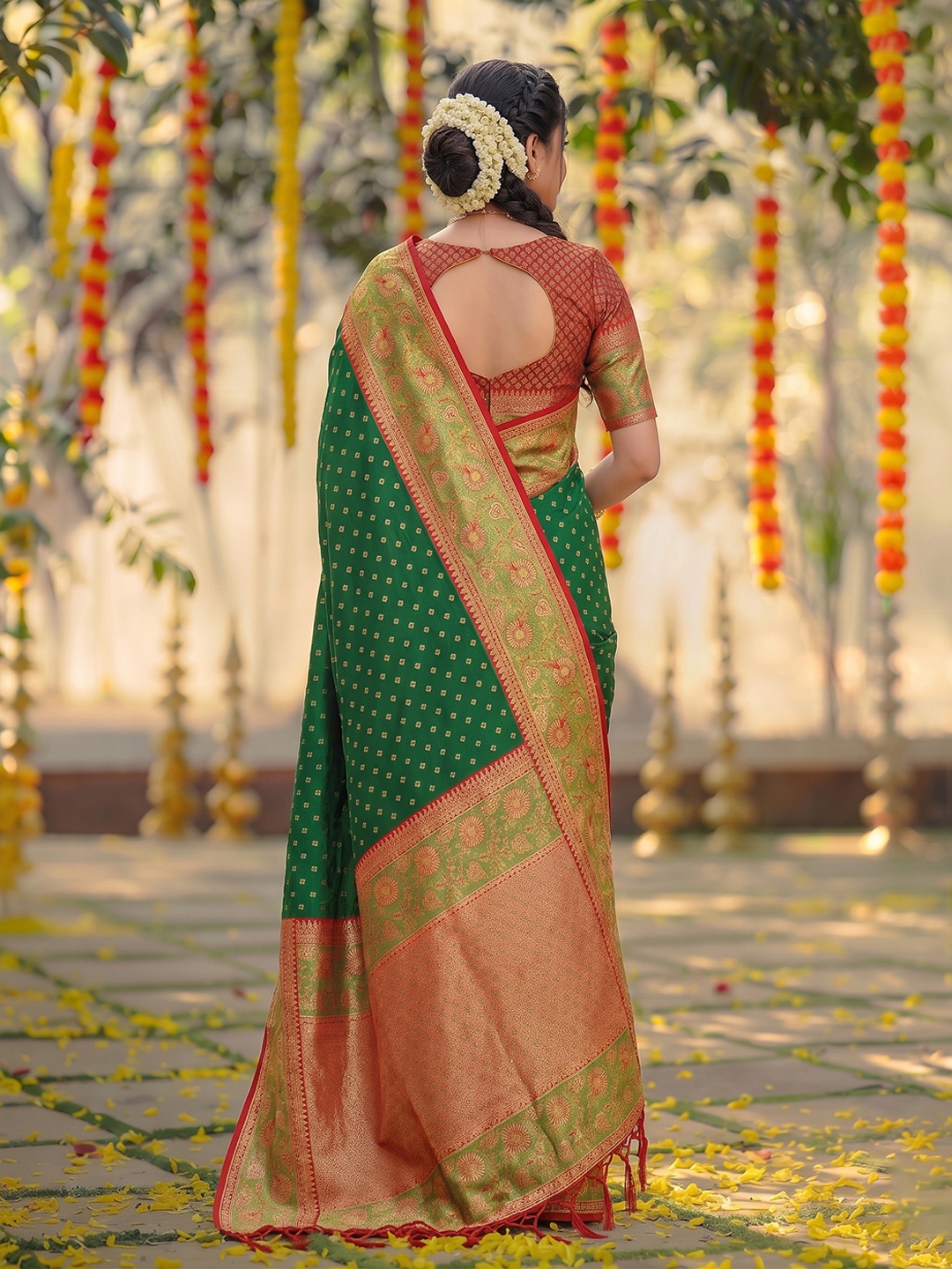Dark Green Floral Woven Zari Silk Saree — alternate view