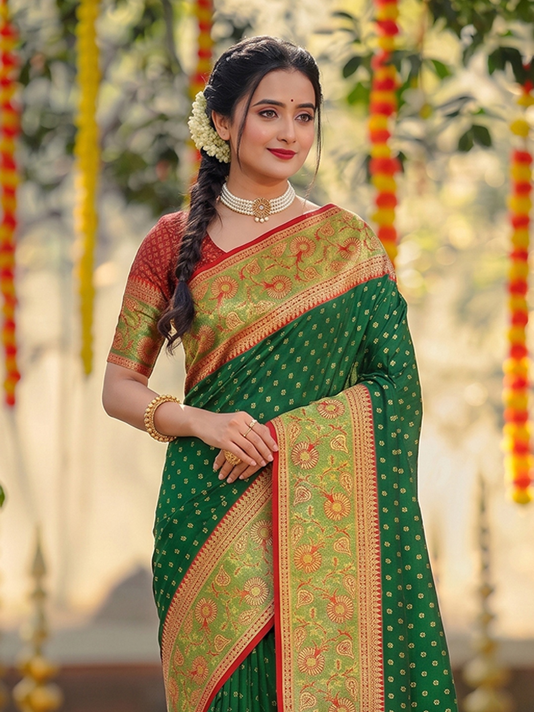 Dark Green Floral Woven Zari Silk Saree