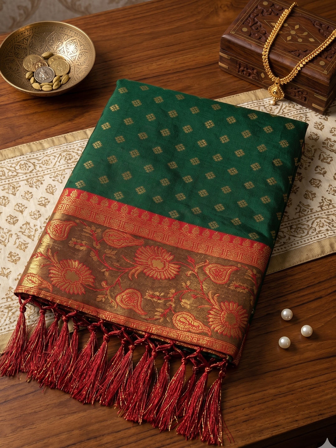 Dark Green Floral Woven Zari Silk Saree