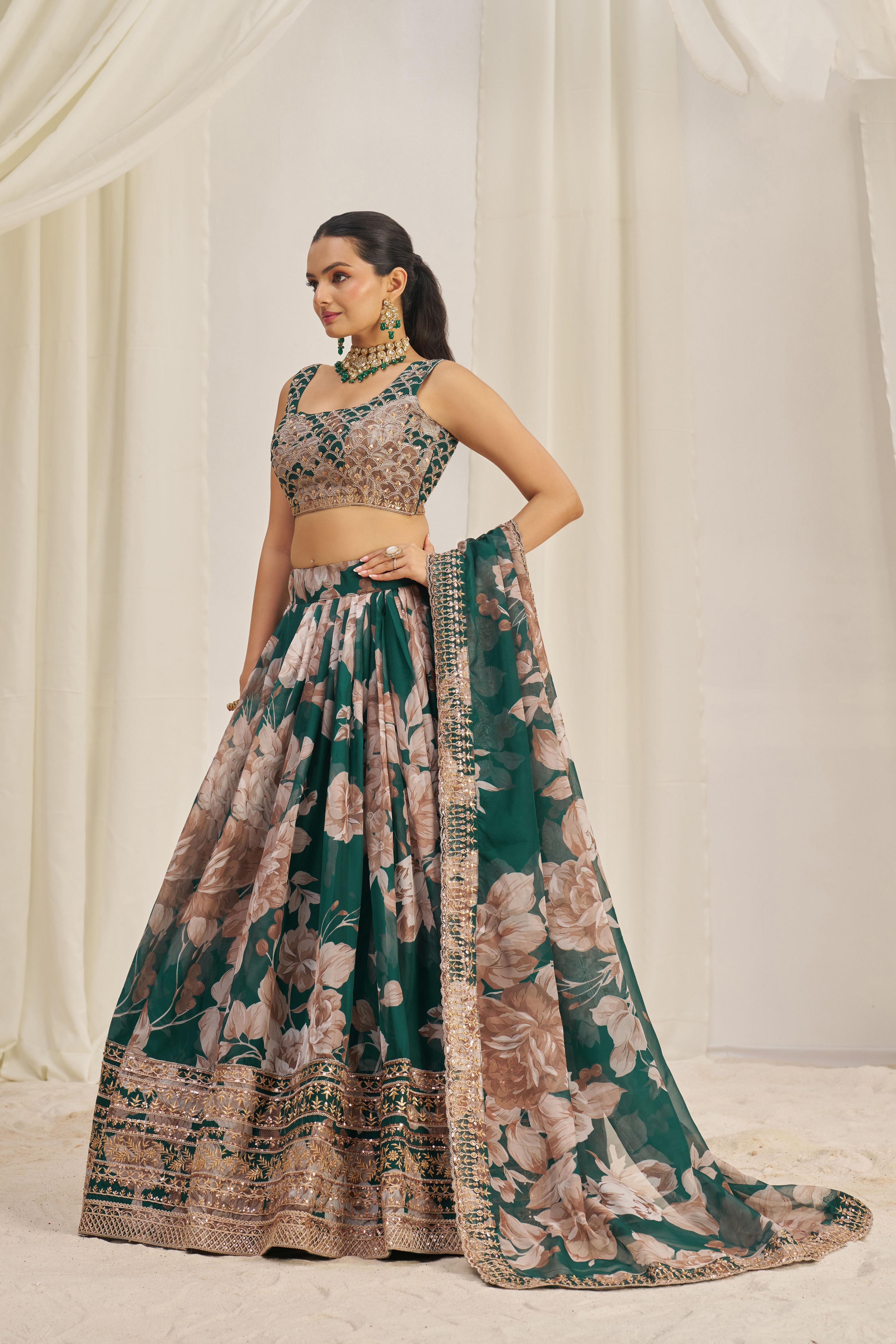 Dark Green Organza Printed Lehenga