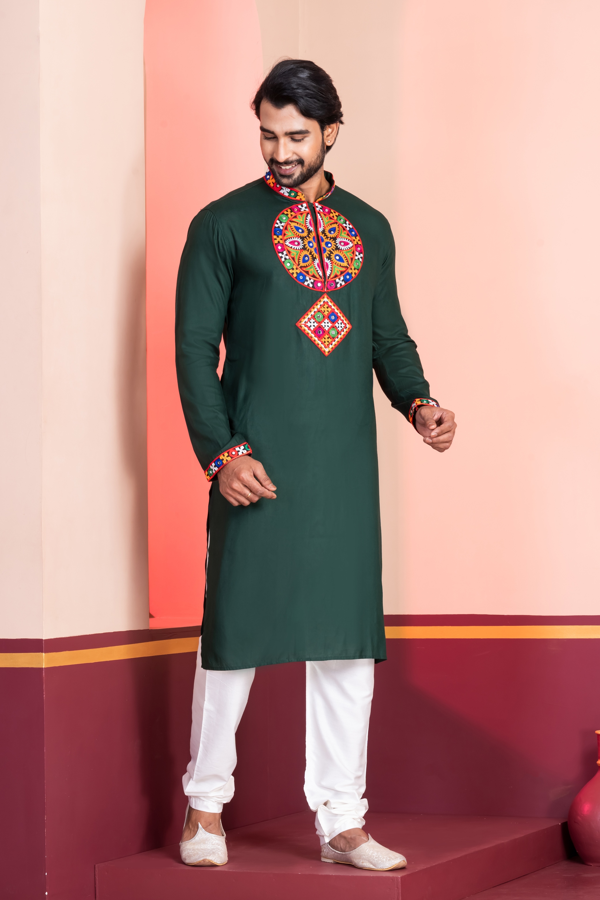 Dark Green Solid Embroidered Kurta Pyjama