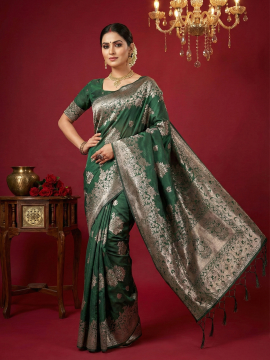 Dark Green Woven Jari Silk Blend Festive Saree