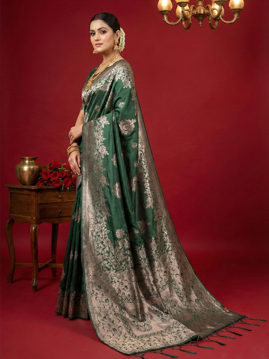 Dark Green Woven Jari Silk Blend Festive Saree — alternate view