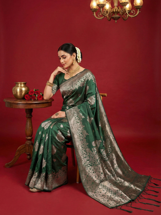 Dark Green Woven Jari Silk Blend Festive Saree