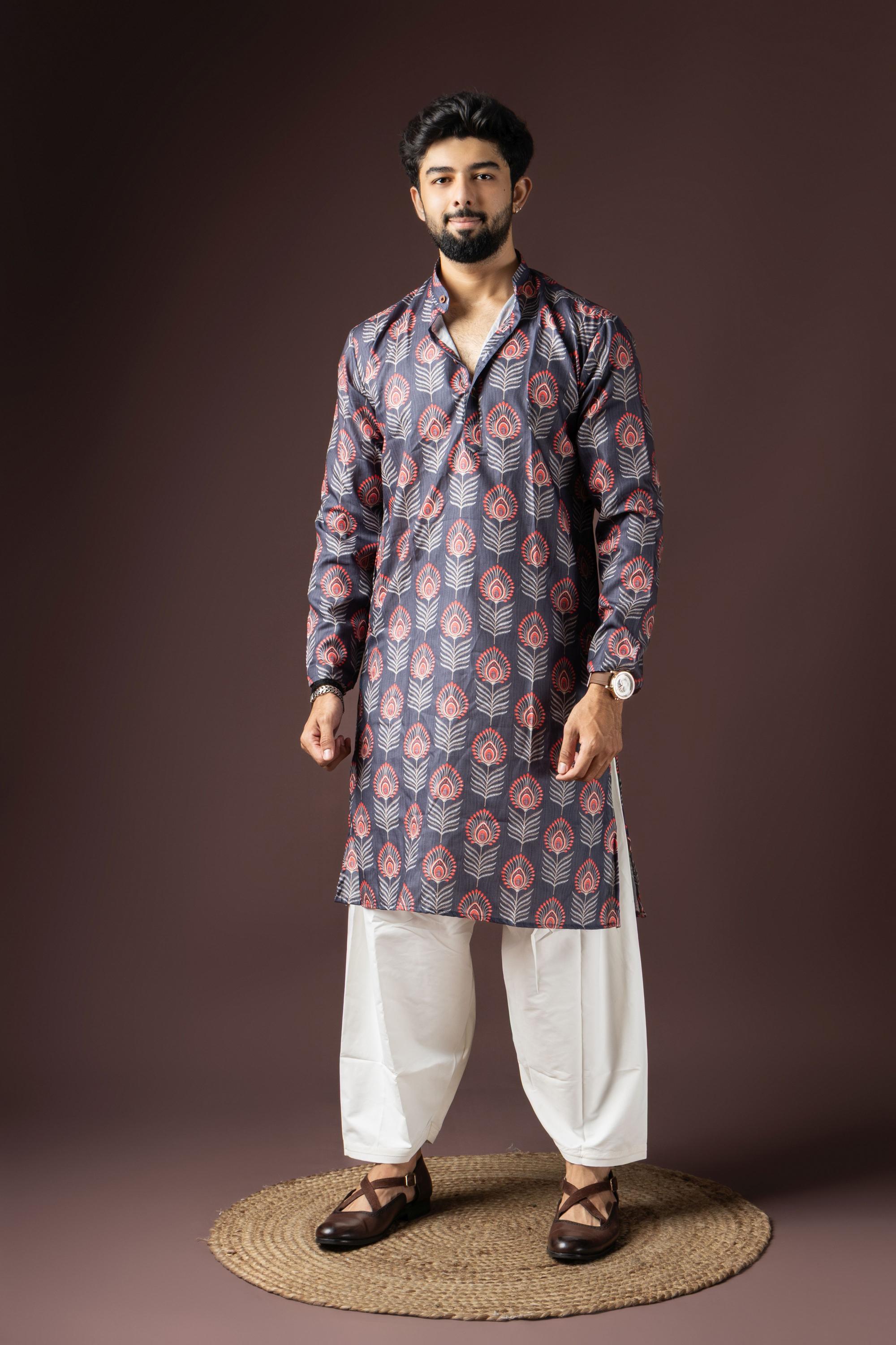 Dark Grey Blended Cotton Kurta Pyjama