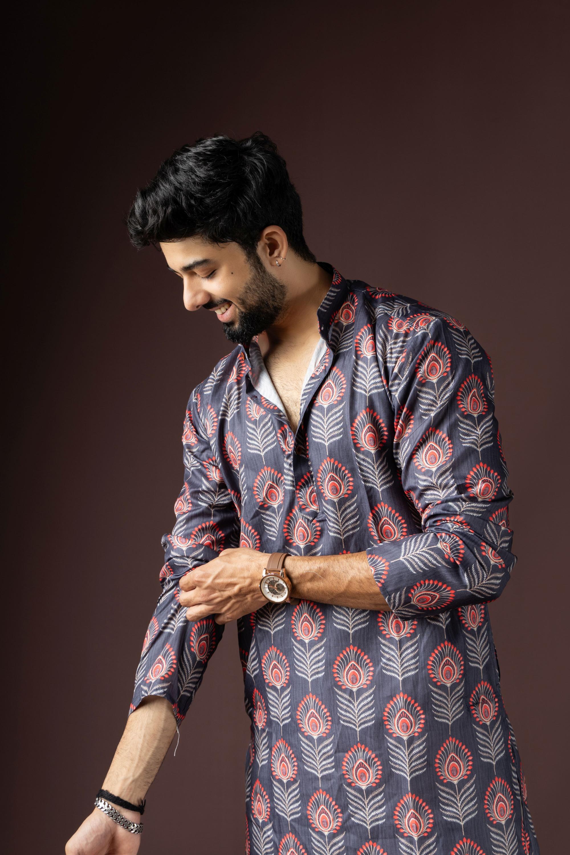 Dark Grey Blended Cotton Kurta Pyjama