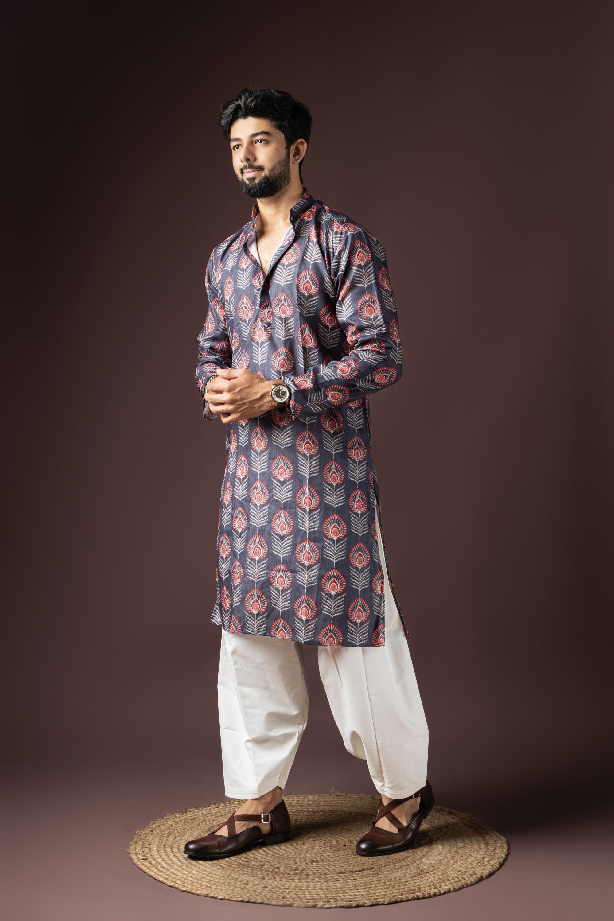 Dark Grey Blended Cotton Kurta Pyjama