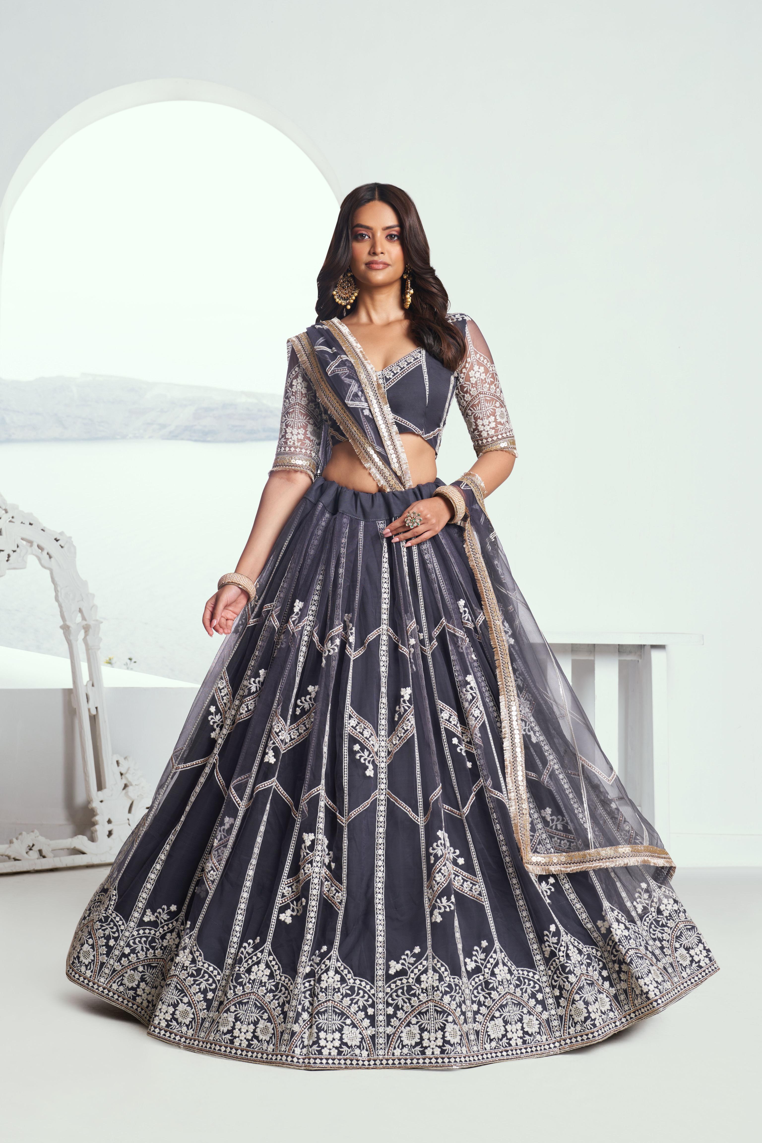 Dark Grey Butterfly Net Umbrella Lehenga