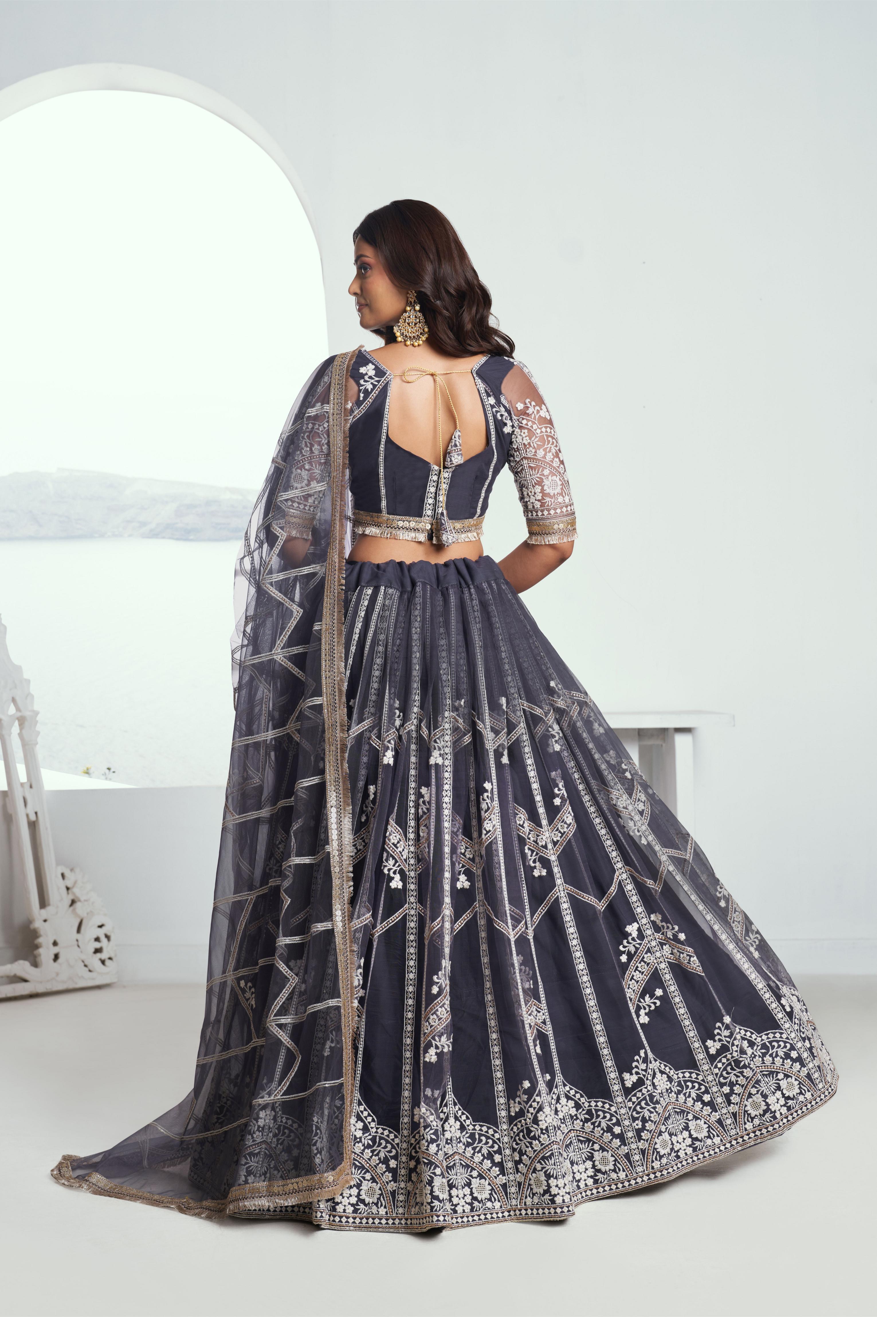 Dark Grey Butterfly Net Umbrella Lehenga — alternate view