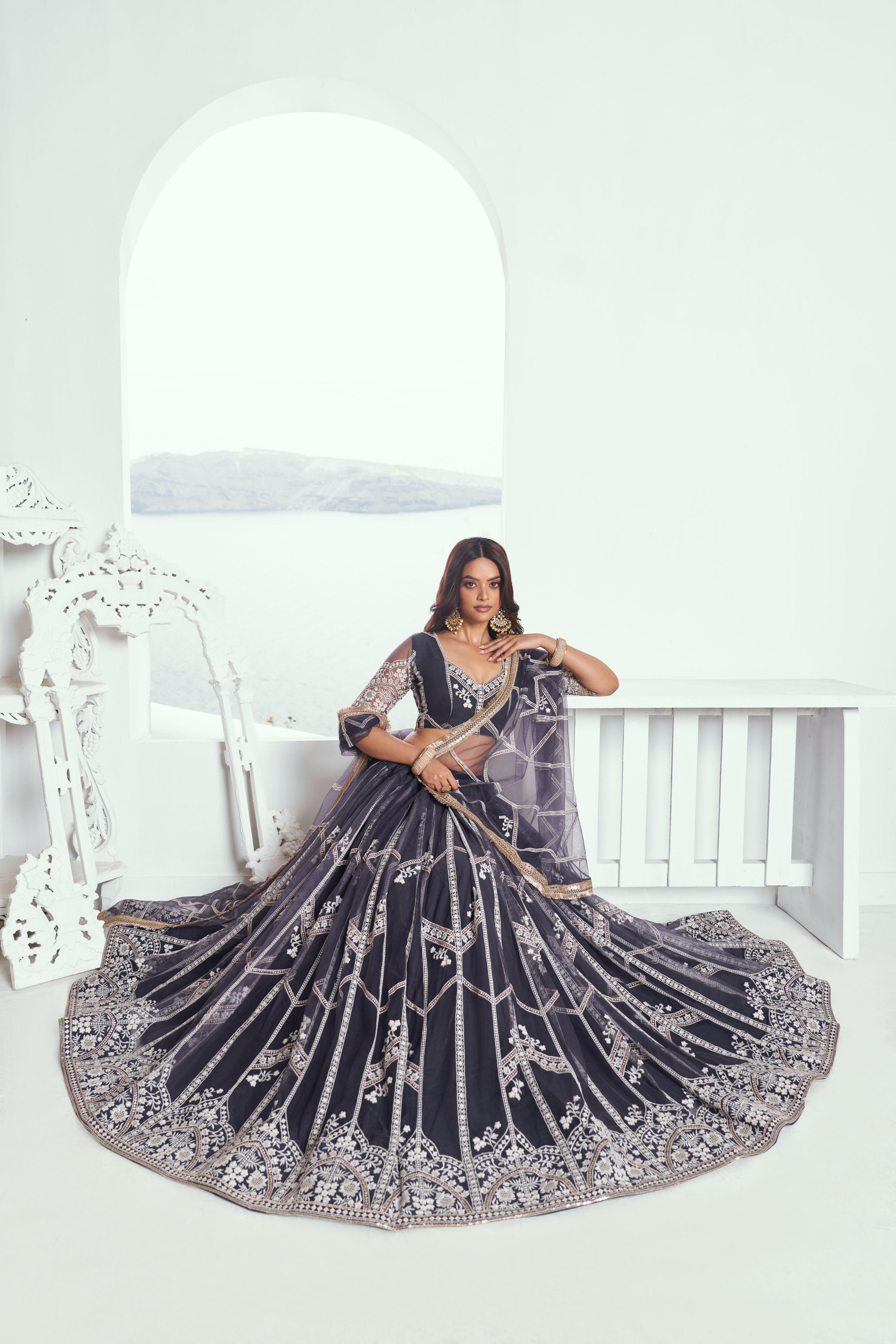 Dark Grey Butterfly Net Umbrella Lehenga