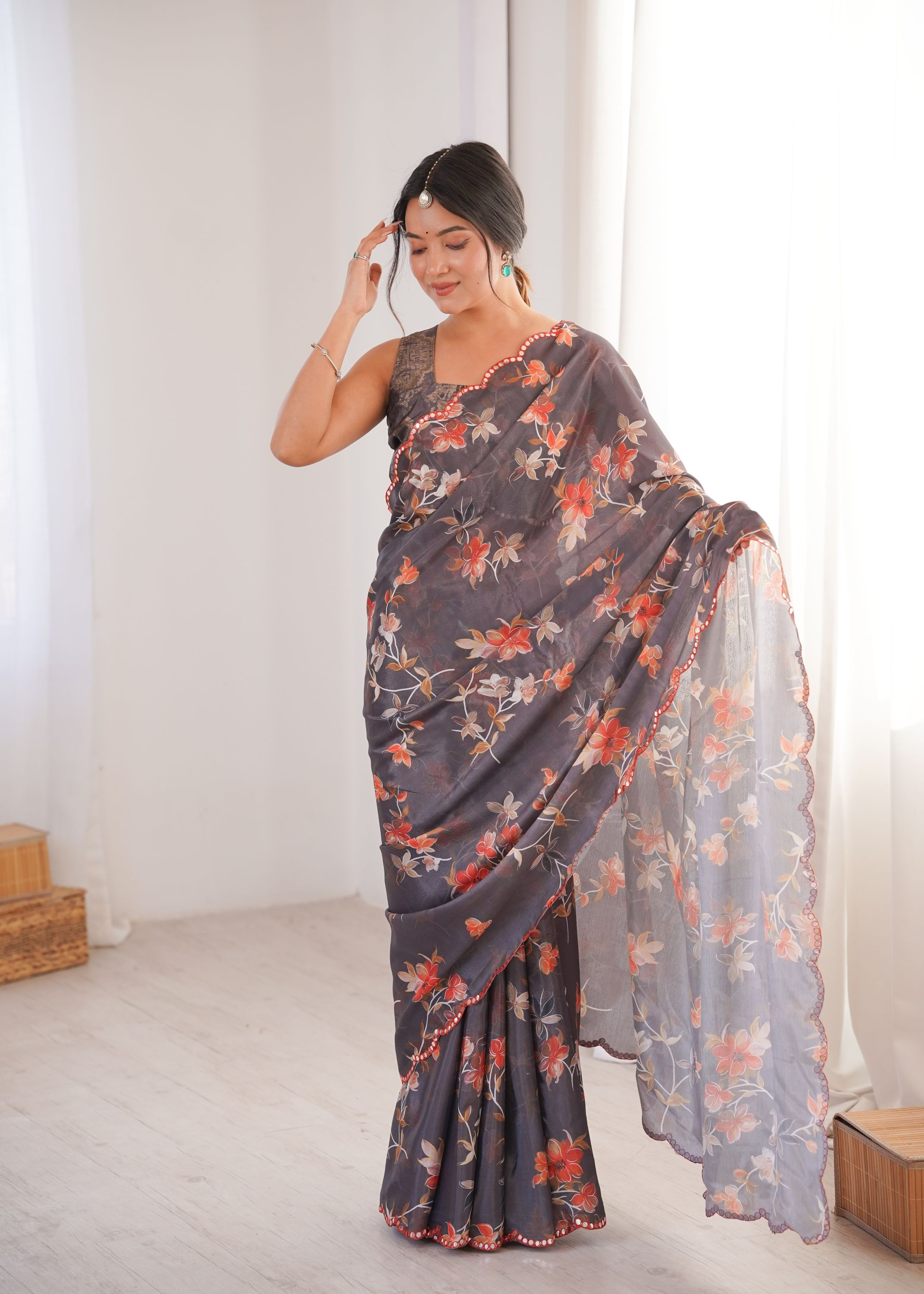 Dark Grey Chinon Printed Mirror Work Saree