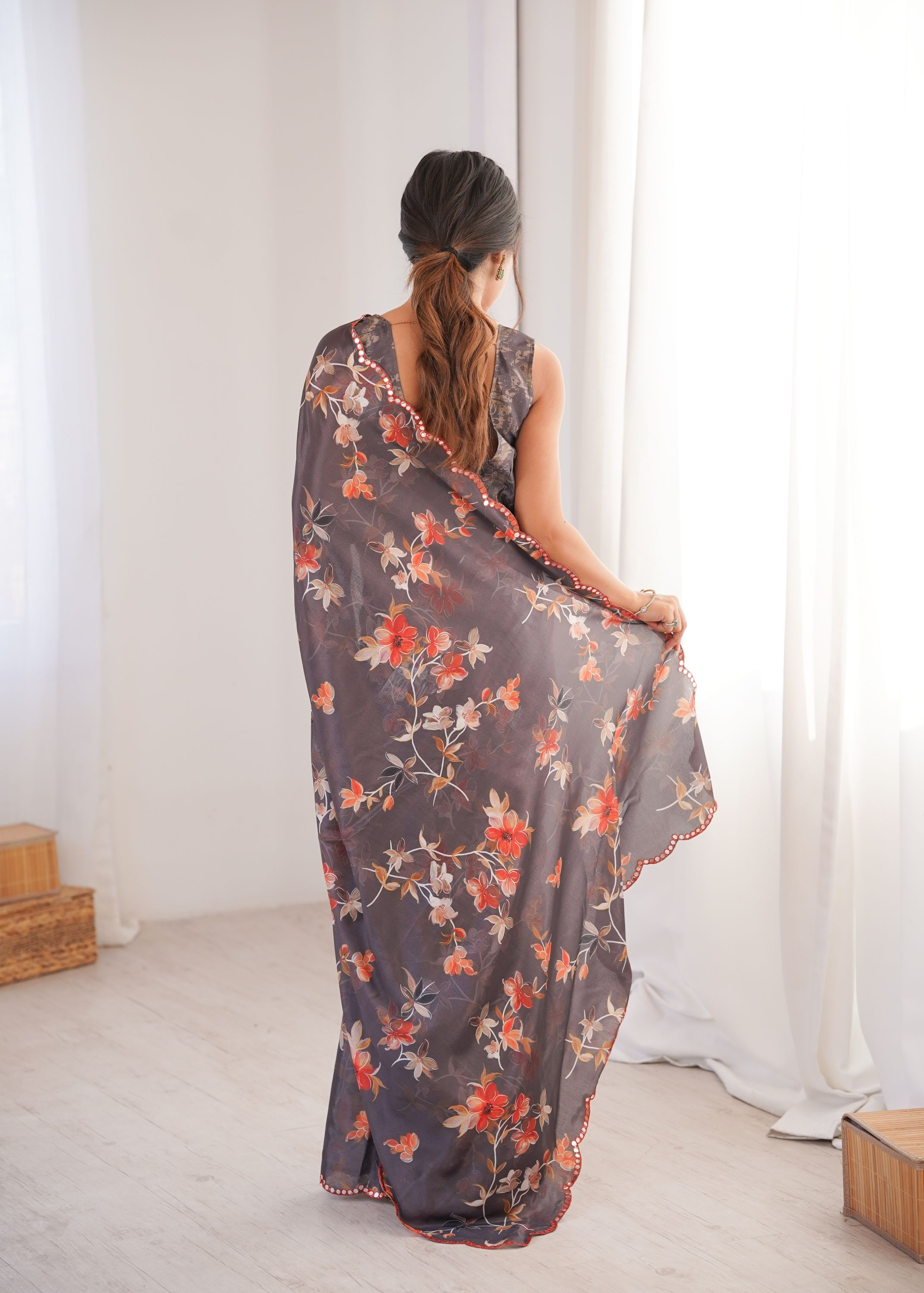 Dark Grey Chinon Printed Mirror Work Saree — alternate view